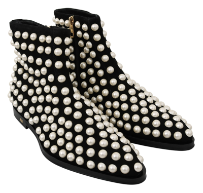 Shop Dolce & Gabbana Black Suede Pearl Studs Boots Women's Shoes