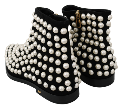 Shop Dolce & Gabbana Black Suede Pearl Studs Boots Women's Shoes