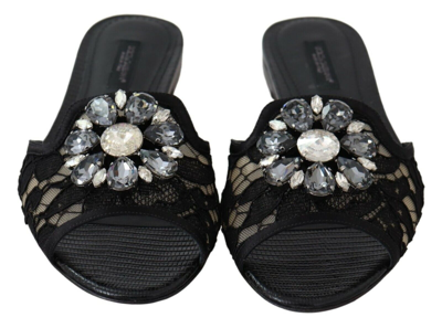 Shop Dolce & Gabbana Black Taormina Lace Slides Crystals Flats Women's Shoes