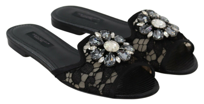Shop Dolce & Gabbana Black Taormina Lace Slides Crystals Flats Women's Shoes