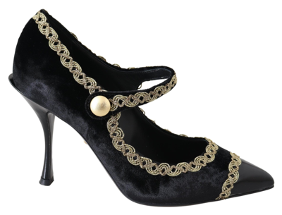 Shop Dolce & Gabbana Black Velvet Gold Mary Janes Women's Pumps