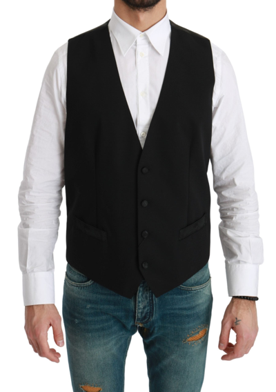 Shop Dolce & Gabbana Black Waistcoat Formal Virgin Wool Men's Vest