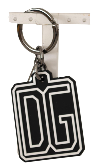 Shop Dolce & Gabbana Black White Dg Rubber Logo Silver Ring Men's Keychain