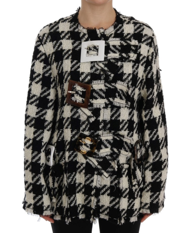Shop Dolce & Gabbana Black White Wool Knitted Crystal Women's Jacket In Black/white