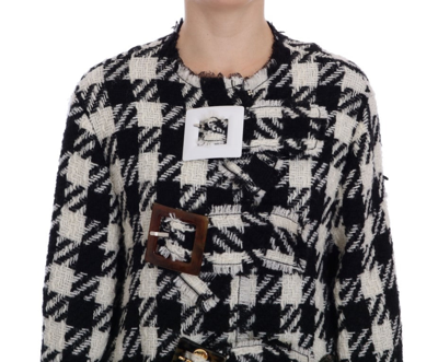 Shop Dolce & Gabbana Black White Wool Knitted Crystal Women's Jacket In Black/white