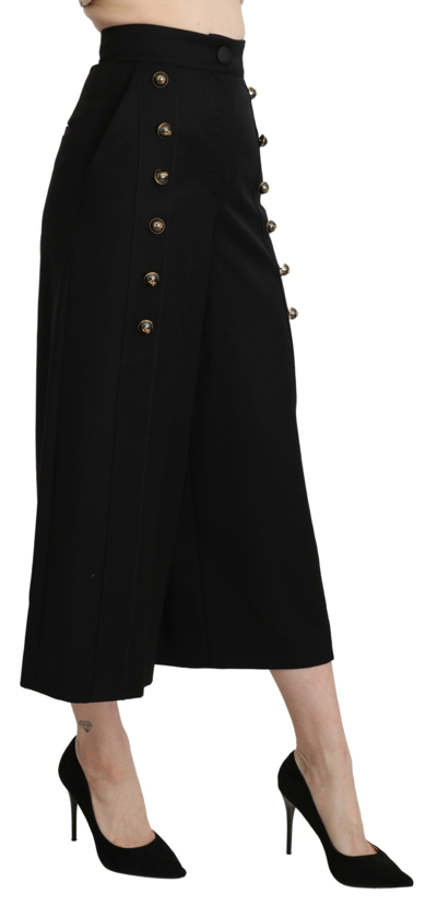 Dolce & Gabbana Black Wide Wool Leg Cropped Trouser Pant In Black
