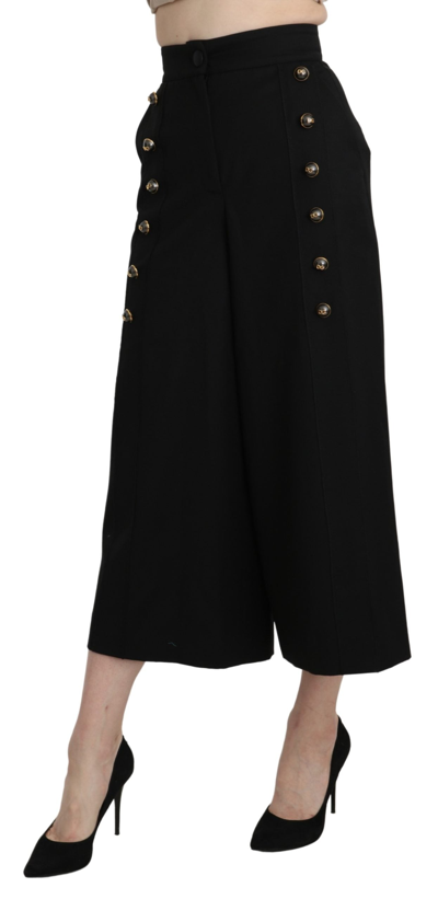 Dolce & Gabbana Black Wide Wool Leg Cropped Trouser Pant In Black