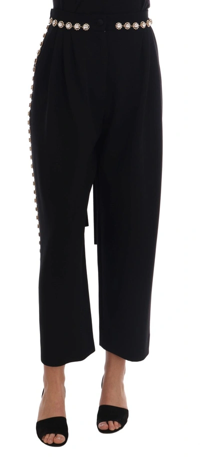 Shop Dolce & Gabbana Black Wool Stretch Crystal Women's Pants