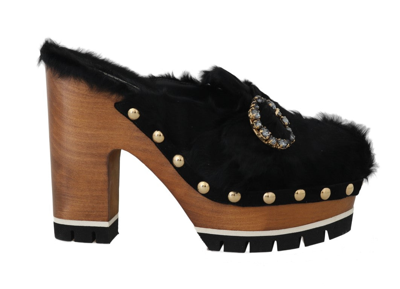 Shop Dolce & Gabbana Black Xiangao Fur Crystal Women's Mules