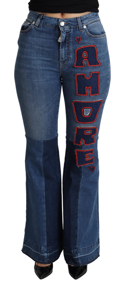 Dolce & Gabbana Blue Amore Patch Boot Cut Cotton Stretch Pant In Blue