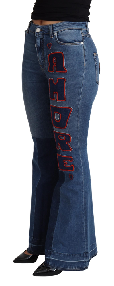 Dolce & Gabbana Blue Amore Patch Boot Cut Cotton Stretch Pant In Blue