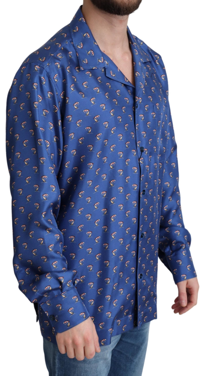 Shop Dolce & Gabbana Blue Beach Chair Umbrella Print Silk Men's Shirt