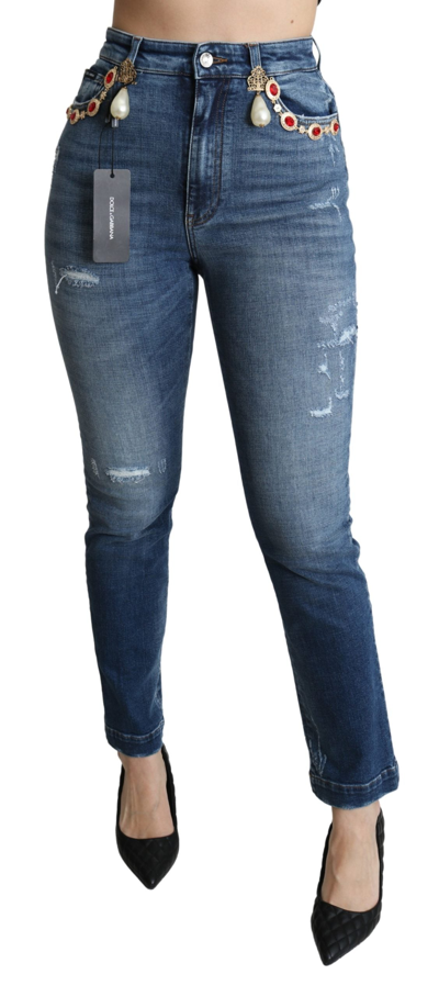 Shop Dolce & Gabbana Blue Crystal Embellished Slim Fit Pants Women's Jeans