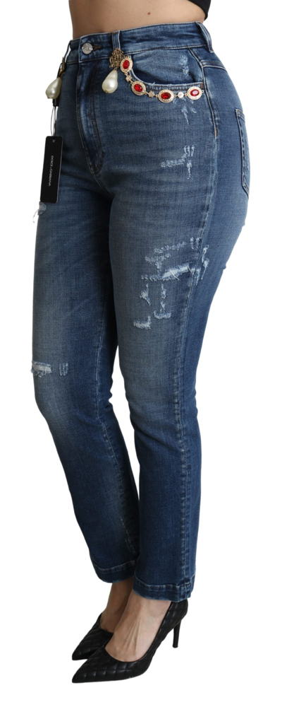Shop Dolce & Gabbana Blue Crystal Embellished Slim Fit Pants Women's Jeans