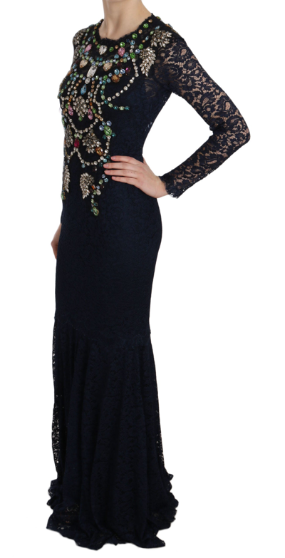 Shop Dolce & Gabbana Blue Crystal Floral Lace Long Gown Women's Dress