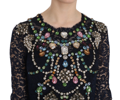 Shop Dolce & Gabbana Blue Crystal Floral Lace Long Gown Women's Dress