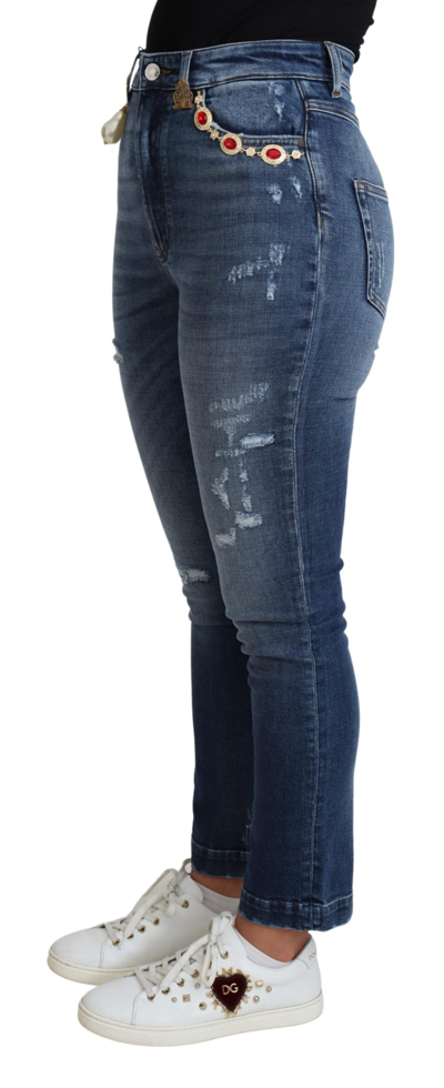 Dolce & Gabbana Blue Crystal Embellished Slim Fit Pants Jeans In Blue