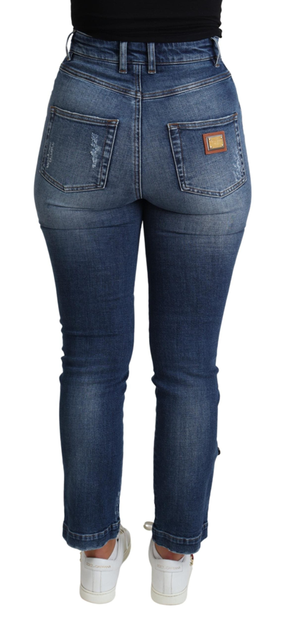 Dolce & Gabbana Blue Crystal Embellished Slim Fit Pants Jeans In Blue