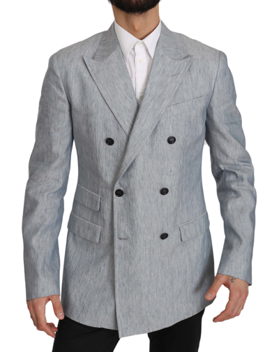 Shop Dolce & Gabbana Blue Flax Napoli Jacket Coat Men's Blazer In Light Blue