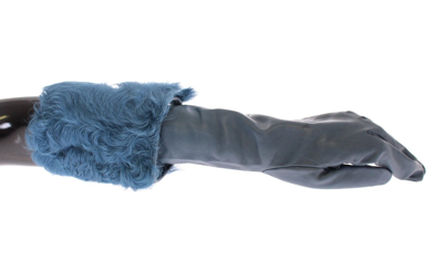 Shop Dolce & Gabbana Blue Lambskin Leather Fur Logo Wrist Women's Gloves