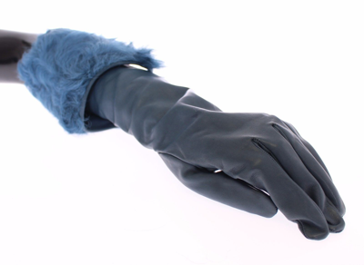 Shop Dolce & Gabbana Blue Lambskin Leather Fur Logo Wrist Women's Gloves