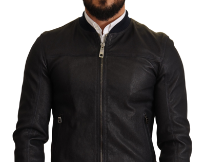 Shop Dolce & Gabbana Elegant Leather Bomber Jacket In Dark Men's Blue