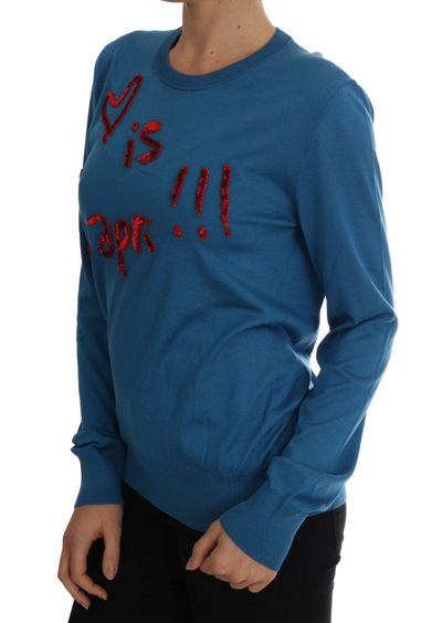 Shop Dolce & Gabbana Blue Silk Love Is Pullover Women's Sweater