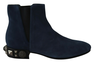 Shop Dolce & Gabbana Blue Suede Embellished Studded Boots Women's Shoes