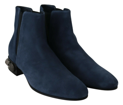 Shop Dolce & Gabbana Blue Suede Embellished Studded Boots Women's Shoes