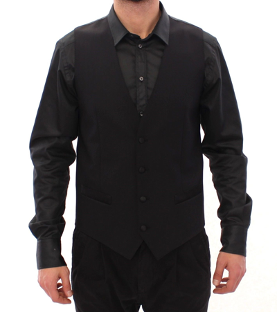 Shop Dolce & Gabbana Black Wool Silk Dress Vest Gilet Men's Weste