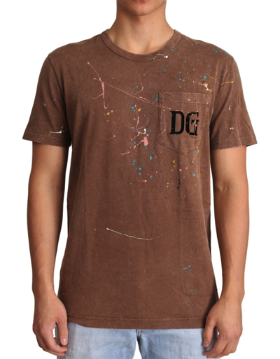 Shop Dolce & Gabbana Brown Cotton Paint Crewneck Men's T-shirt