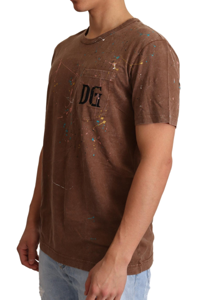 Shop Dolce & Gabbana Brown Cotton Paint Crewneck Men's T-shirt