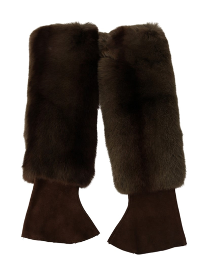 Shop Dolce & Gabbana Elegant Brown Fur &amp; Leather Elbow-length Women's Gloves