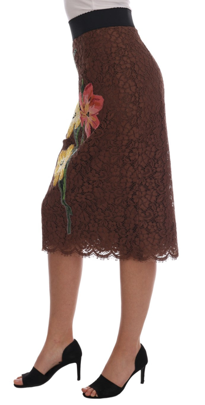 Shop Dolce & Gabbana Brown Floral Lace Pencil Women's Skirt