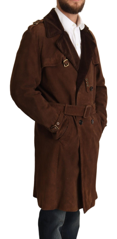 Shop Dolce & Gabbana Classic Brown Leather Trench Men's Coat