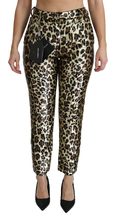 Shop Dolce & Gabbana Brown Leopard Sequined High Waist Women's Pants In Gold