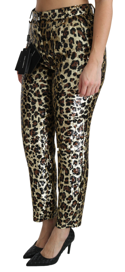 Shop Dolce & Gabbana Brown Leopard Sequined High Waist Women's Pants In Gold