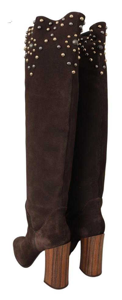 Shop Dolce & Gabbana Brown Suede Studded Knee High Shoes Women's Boots