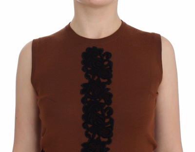 Shop Dolce & Gabbana Brown Wool Black Lace Vest Sweater Women's Top In Beige