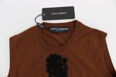 Shop Dolce & Gabbana Brown Wool Black Lace Vest Sweater Women's Top In Beige
