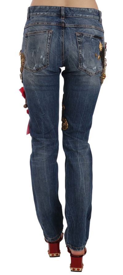 Shop Dolce & Gabbana Crystal Embellished Cross Skinny Denim Women's Pant In Blue