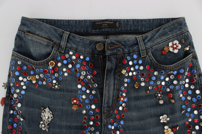 Shop Dolce & Gabbana Crystal Roses Heart Embellished Women's Jeans In Blue
