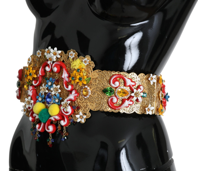 Shop Dolce & Gabbana Golden Floral Crystal Embellished Waist Women's Belt In Multicolor