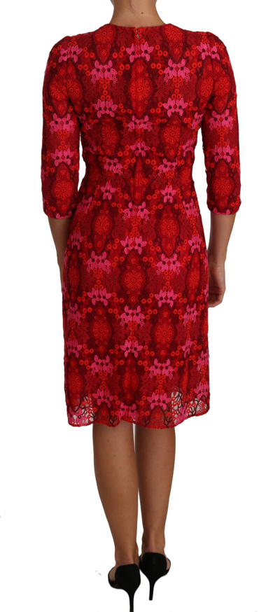 Shop Dolce & Gabbana Floral Crochet Lace Red Pink Sheath Women's Dress