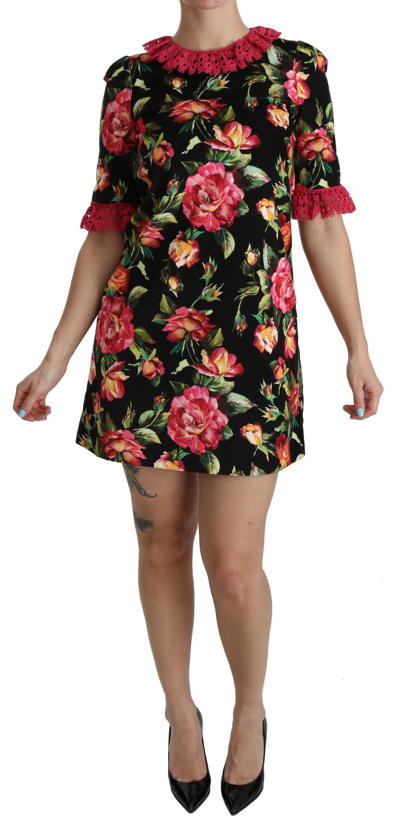 Dolce & Gabbana Floral Pink Lace A-line Shift Mini Dress In Black