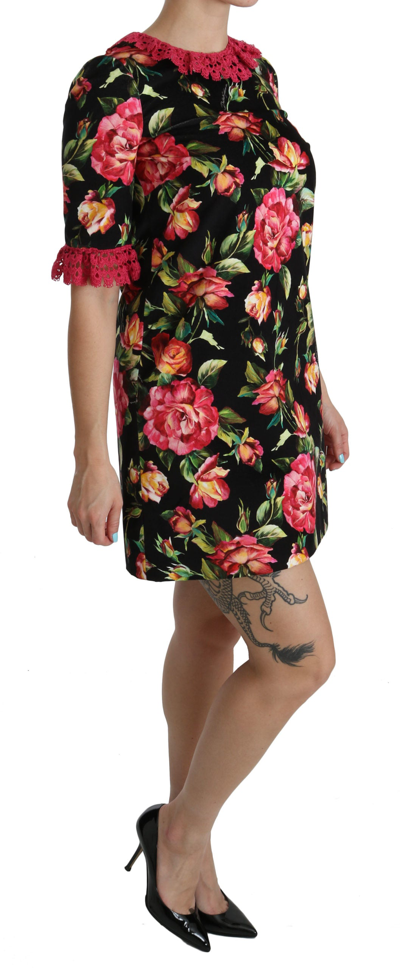 Dolce & Gabbana Floral Pink Lace A-line Shift Mini Dress In Black