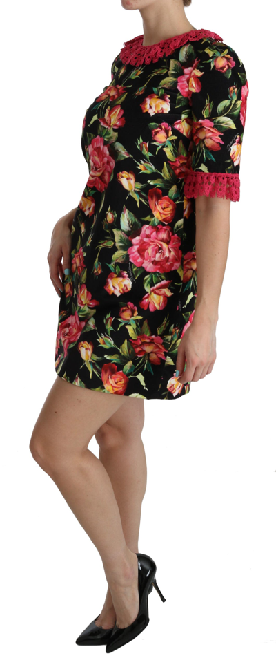 Dolce & Gabbana Floral Pink Lace A-line Shift Mini Dress In Black