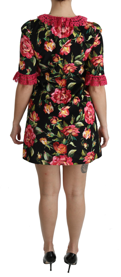 Dolce & Gabbana Floral Pink Lace A-line Shift Mini Dress In Black