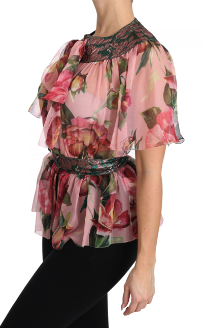 Shop Dolce & Gabbana Floral Print Silk Shirt With Pussy Bow Women's Rose In Pink