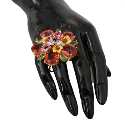 Shop Dolce & Gabbana Gold Brass Orange Crystal Floral Accessory Women's Ring